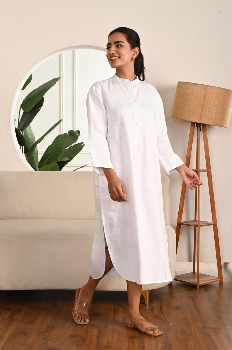 White Linen Midi Dress, Mandarin Collar, photo 3
