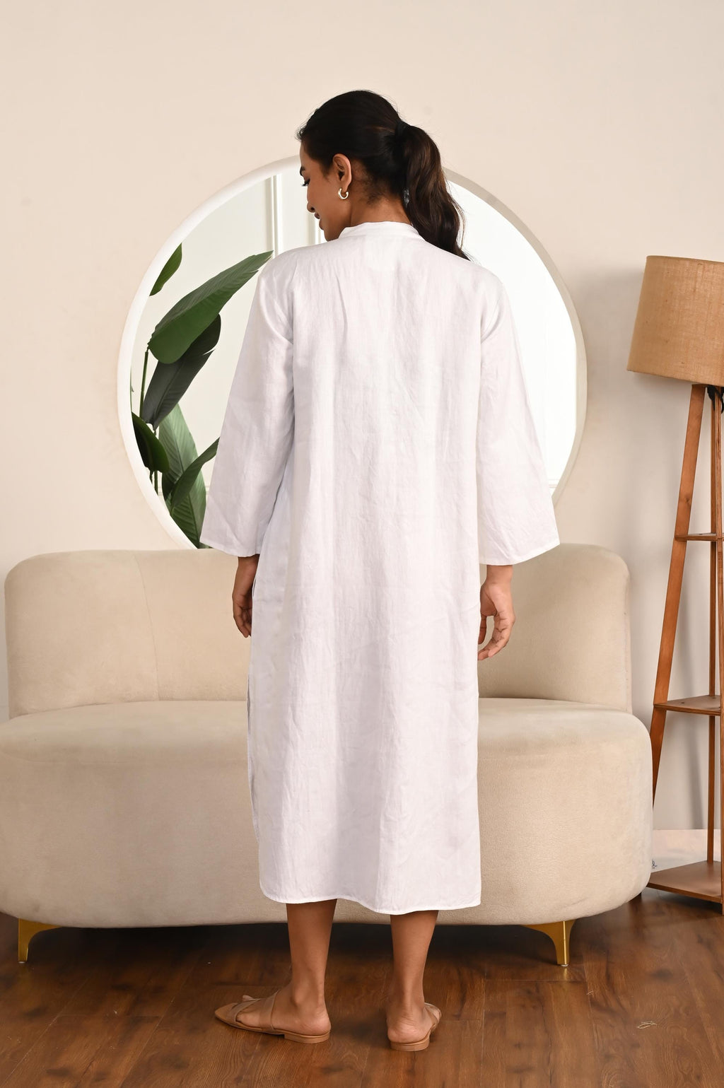 White Midi Dress with Mandarin Collar and Side Slits, White Linen Dress, Casual linen Dress, Bridesmaids linen dress, Linen dress women