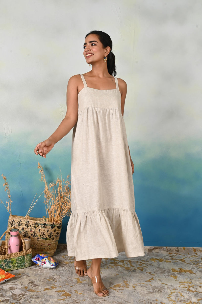 Linen Sleeveless Tiered Midi Dress, Dress with Square Neckline And Pockets, Maxi linen dress, Sleeveless linen dress, Gift for Mom