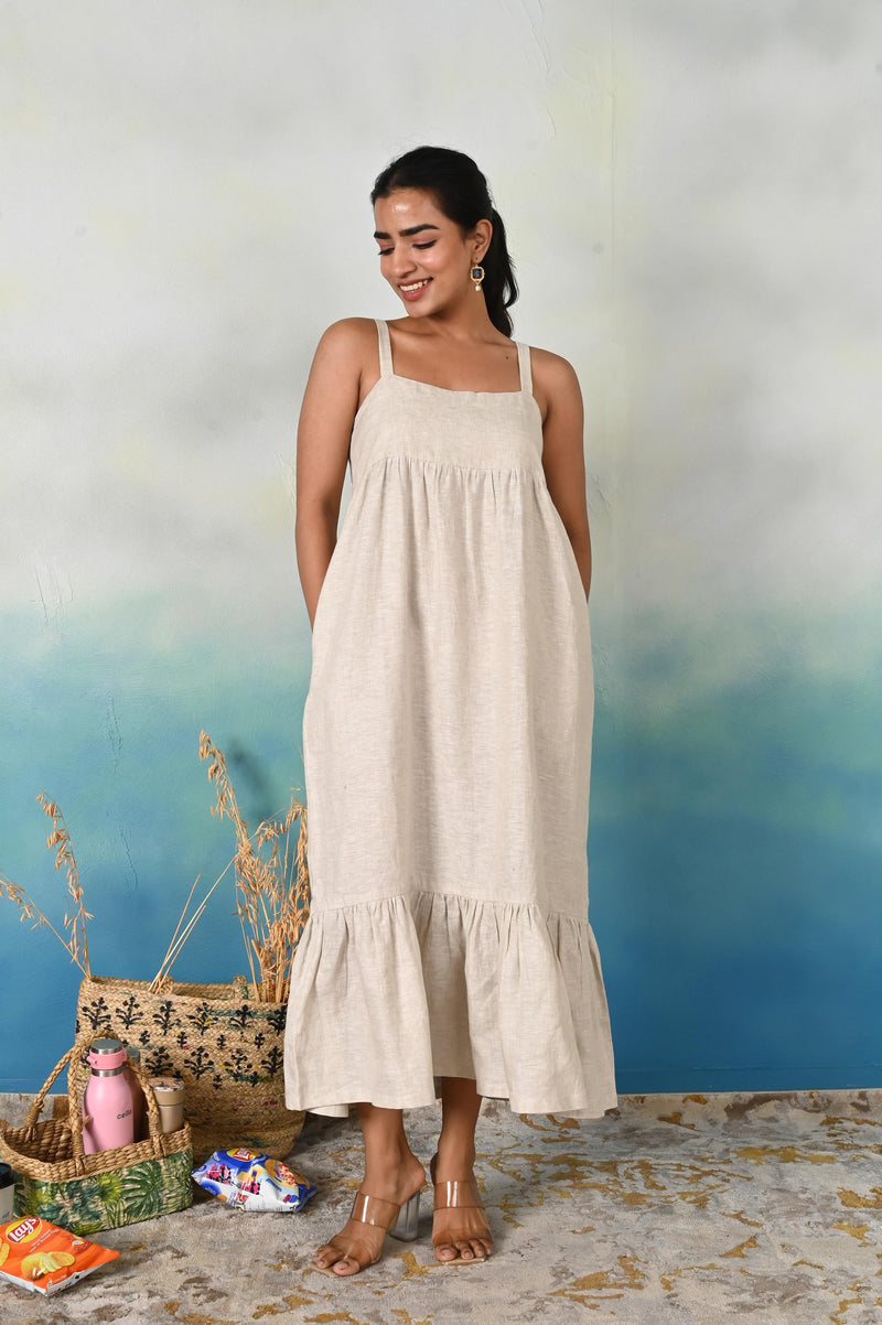Linen Sleeveless Tiered Midi Dress, Dress with Square Neckline And Pockets, Maxi linen dress, Sleeveless linen dress, Gift for Mom