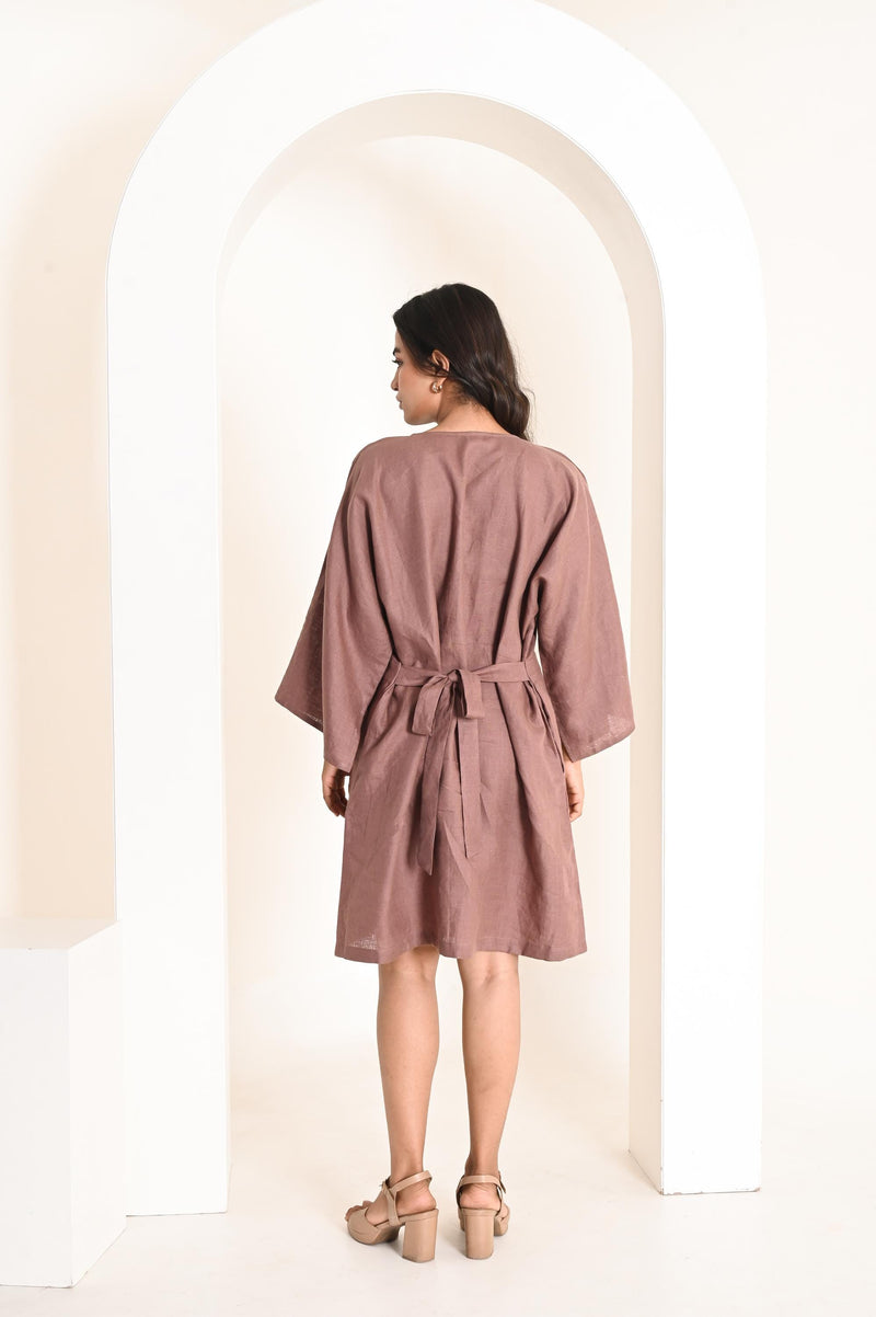 Straight Linen Dress with Waist Tie: Flared Sleeves V-Neck Minimalist Natural Fabric