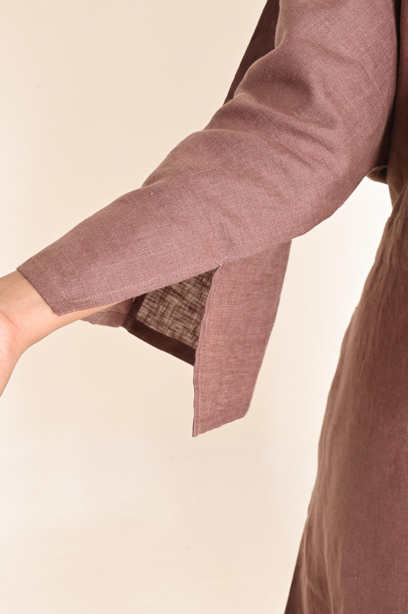 Straight Linen Dress with Waist Tie: Flared Sleeves V-Neck Minimalist Natural Fabric