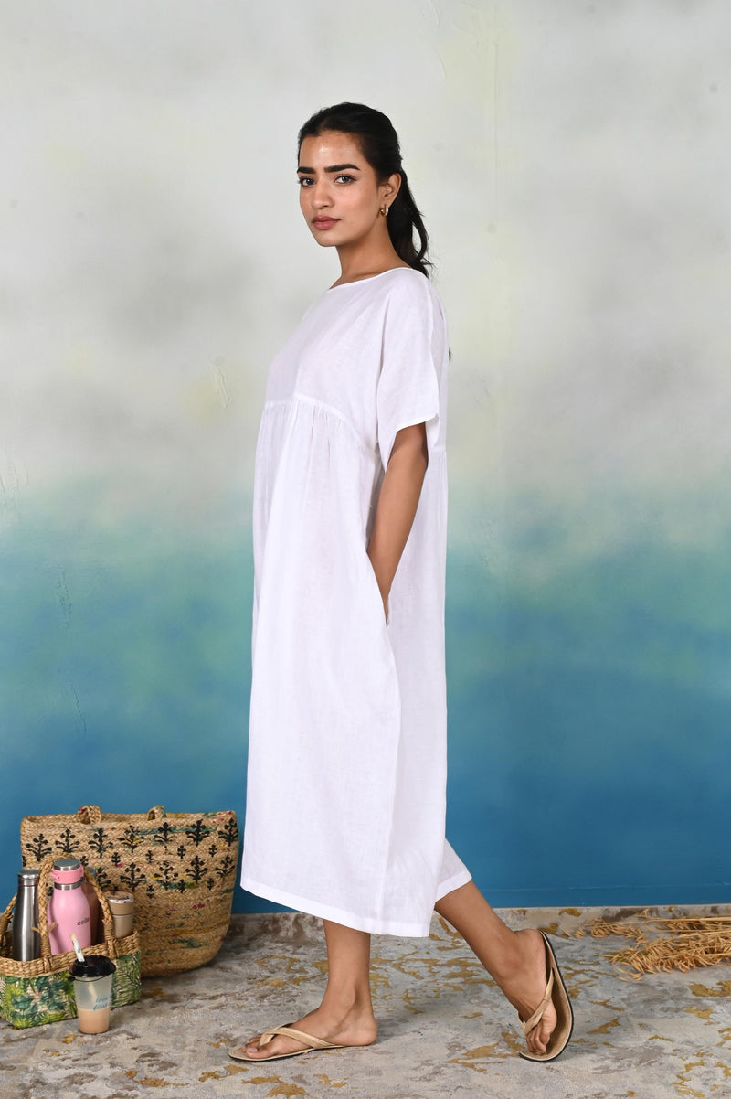 Handmade Linen Midi Dress: Gathered Empire Waist, Side Pockets