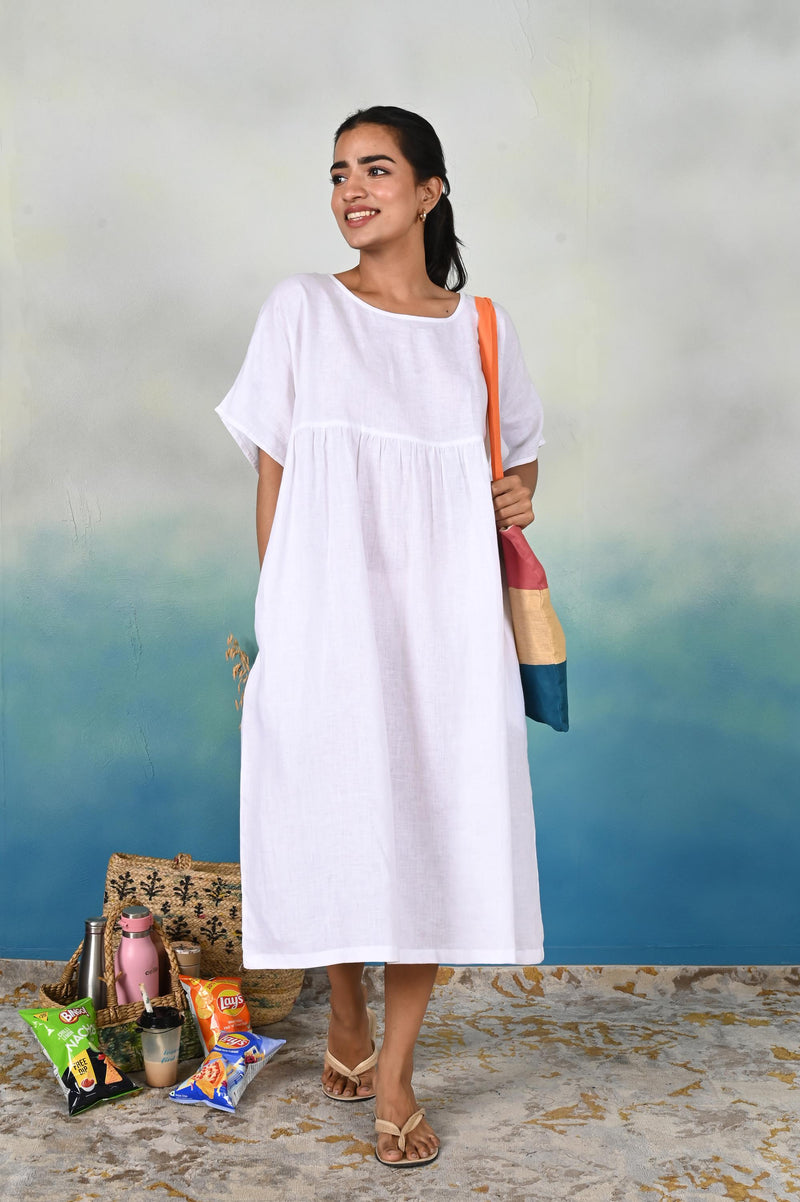 Handmade Linen Midi Dress: Gathered Empire Waist, Side Pockets