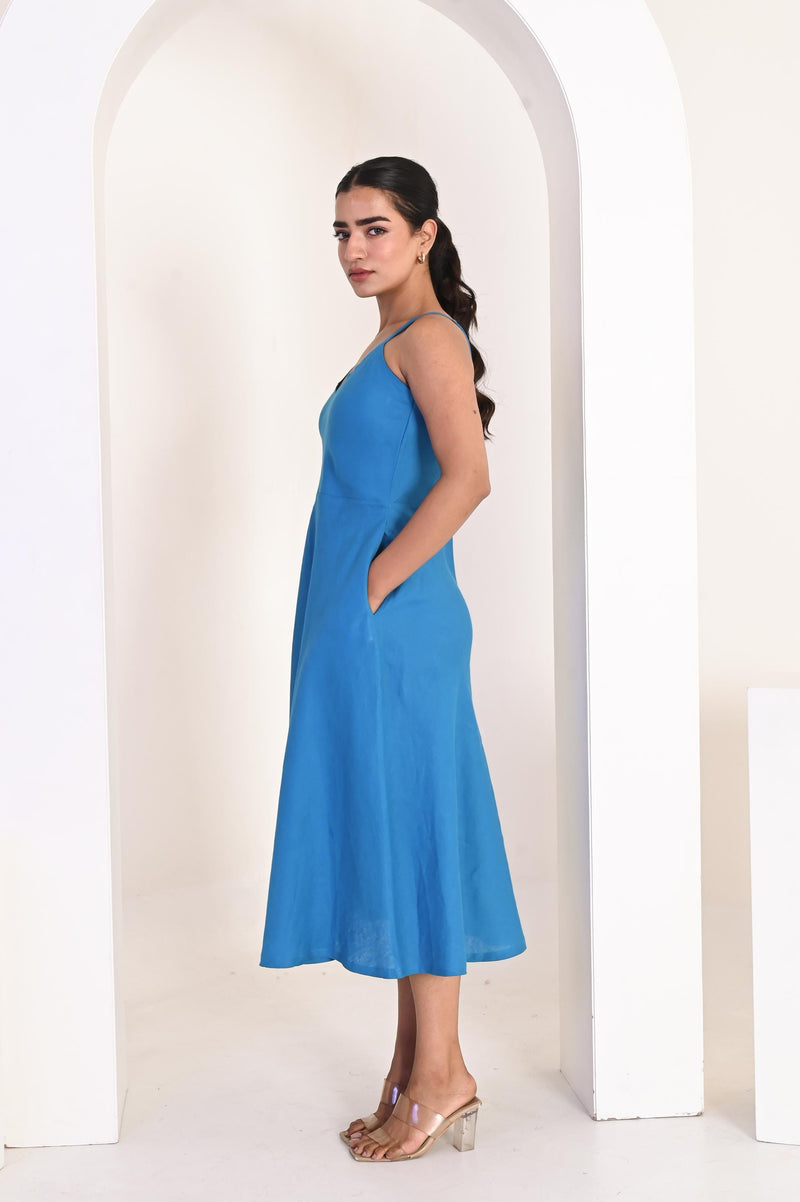 Handmade Blue Linen Midi Dress: Sleeveless Fit & Flare Sundress
