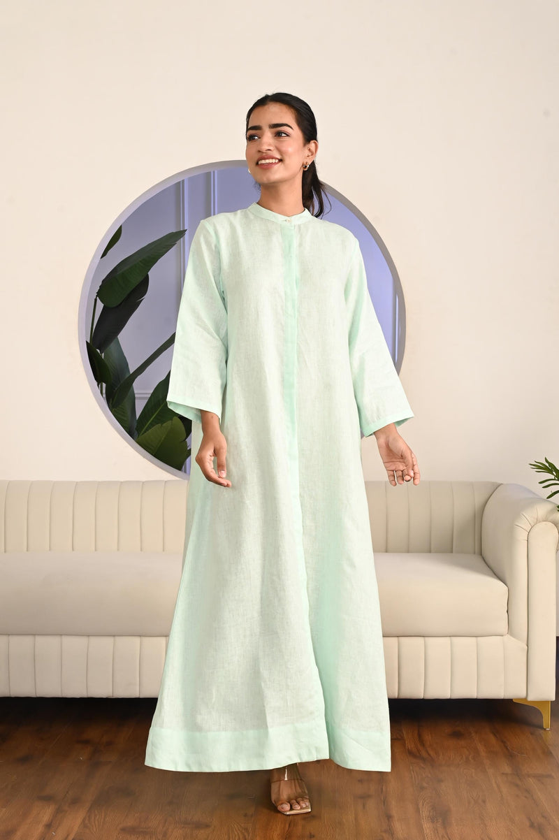 Linen Maxi Dress with Waist Tie, Full-length shirt dress with a belted waist, Long Sleeve Linen Pinafore Dress, Button Maxi Dress for Women