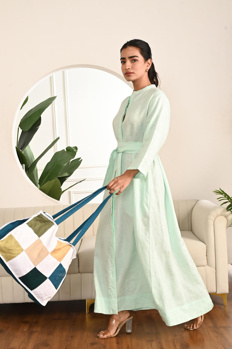 Linen Maxi Dress with Waist Tie, Full-length shirt dress with a belted waist, Long Sleeve Linen Pinafore Dress, Button Maxi Dress for Women