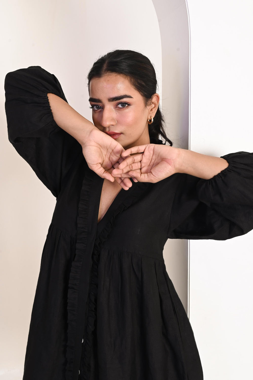 Handmade Black Linen Mini Dress, Ruffle V-Neck, 3/4th puff sleeves, Oversized Linen Tunic Dress