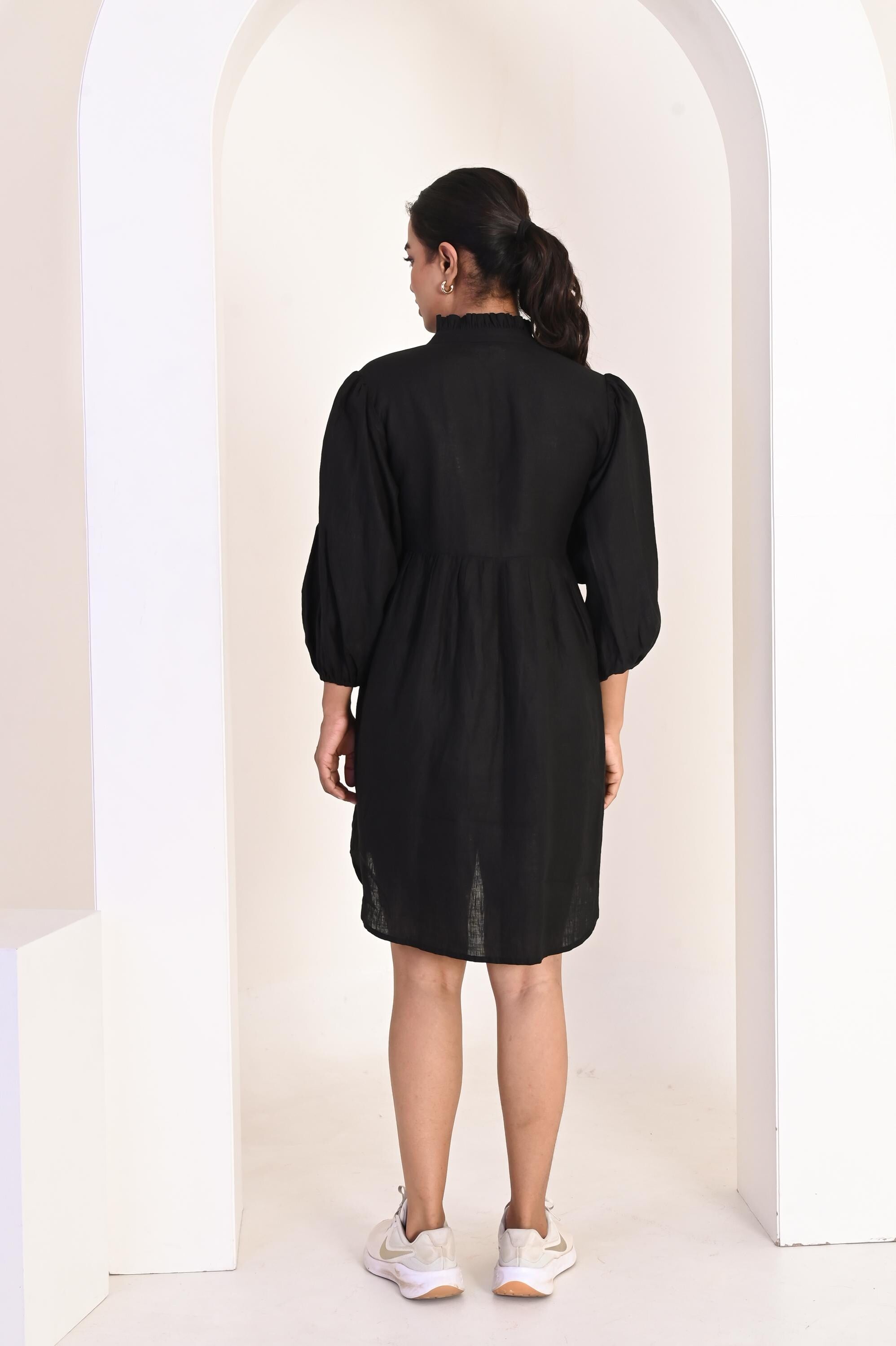 Handmade Black Linen Mini Dress, Ruffle V-Neck, 3/4th puff sleeves, Oversized Linen Tunic Dress