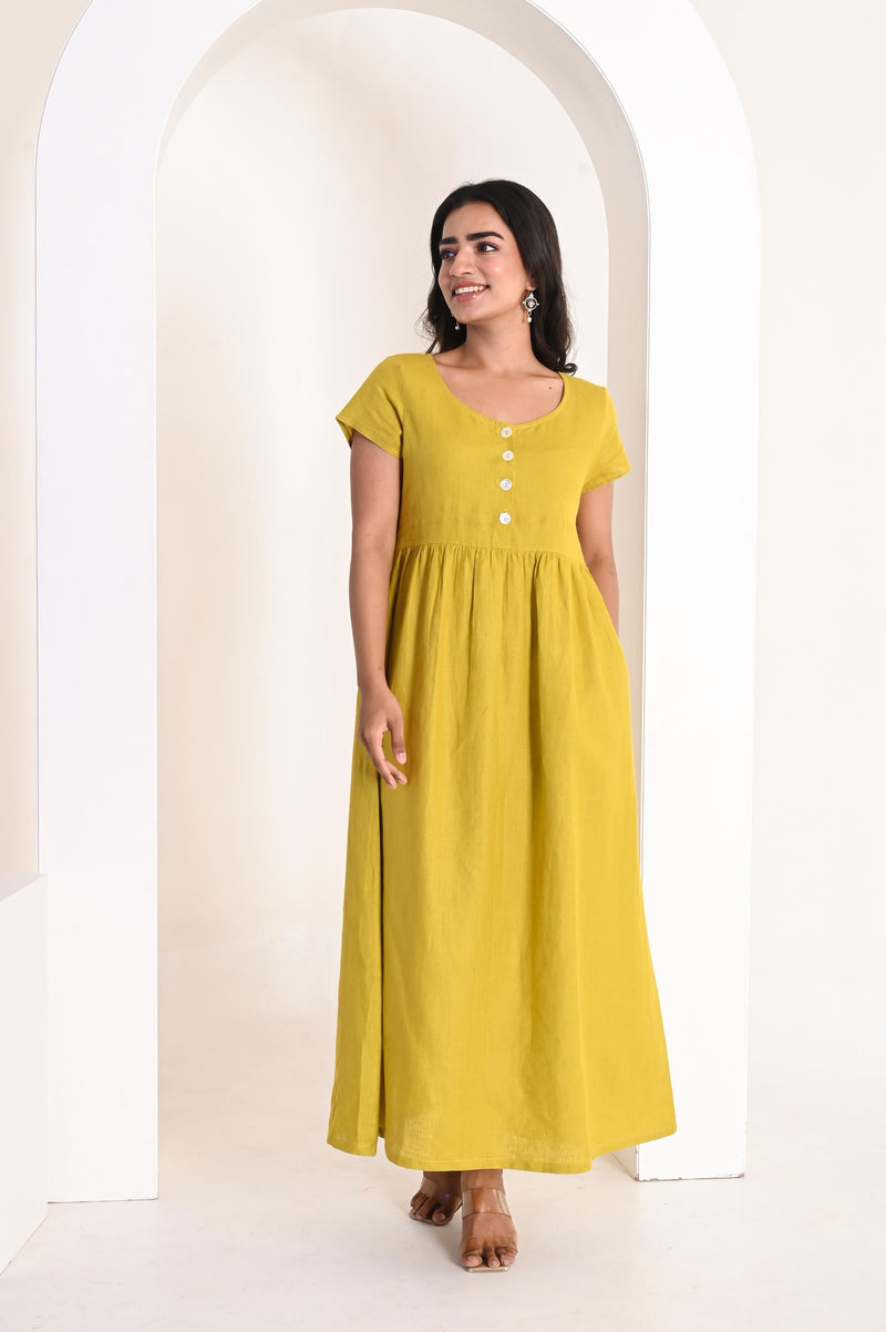 Linen Maxi Dress, Empire Waist Button Front, Short sleeves, minimalist linen, plus size linen