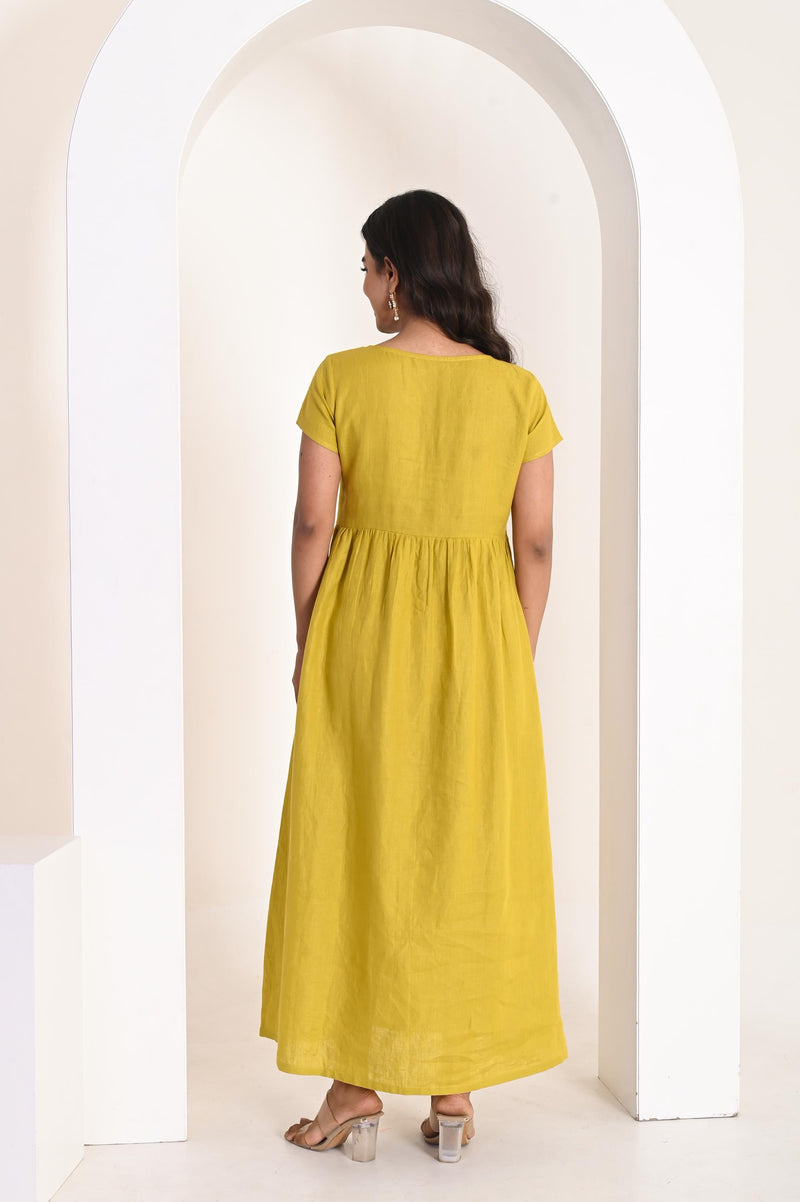 Linen Maxi Dress, Empire Waist Button Front, Short sleeves, minimalist linen, plus size linen