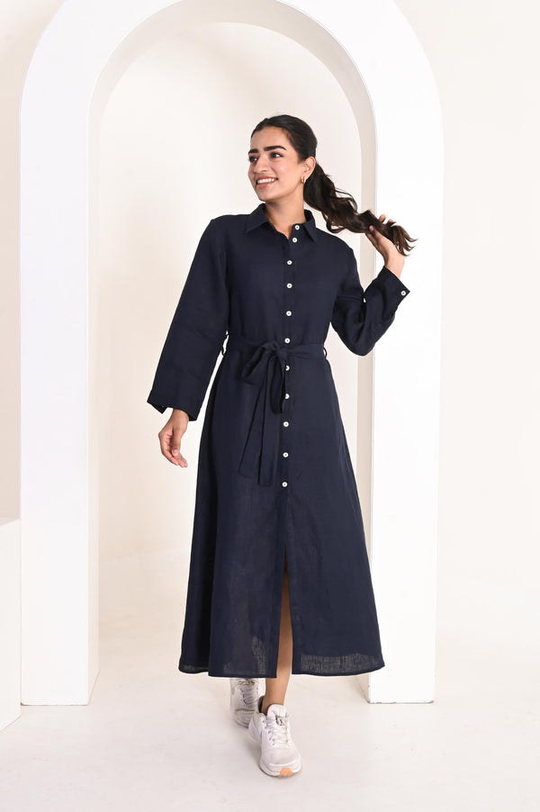Long Sleeve Linen Maxi Dress with Belt