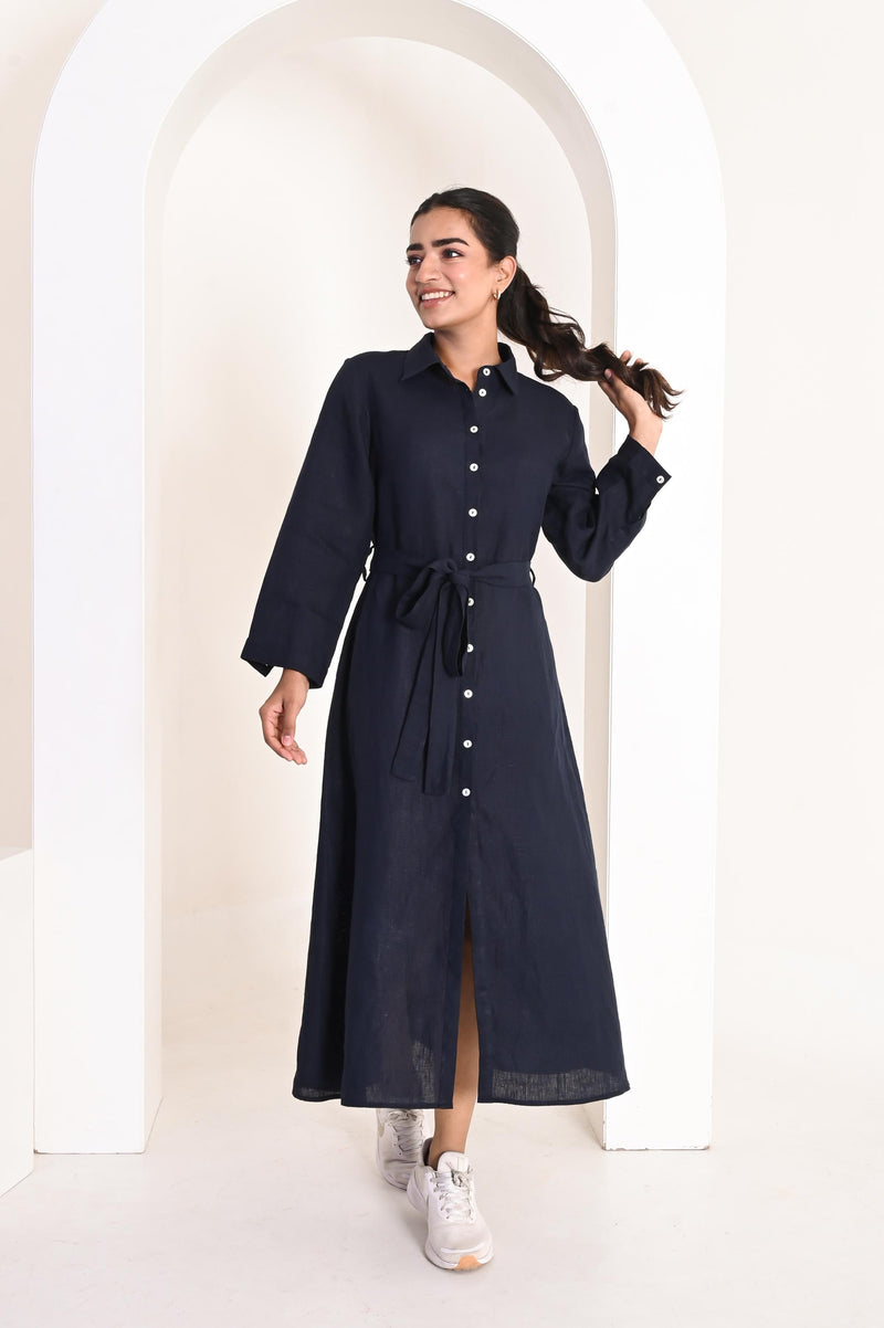 Long Sleeve Linen Maxi Dress with Belt