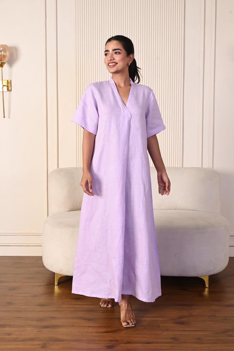 Handmade Linen Maxi Dress: Relaxed A-Line V-Neck with Pockets