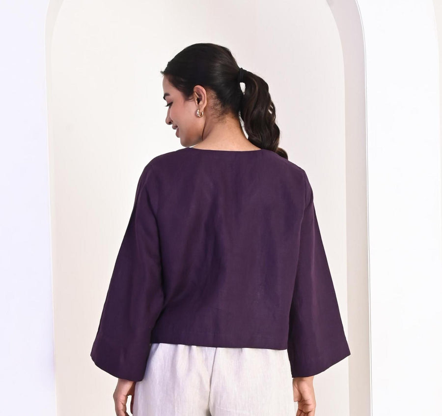 Linen loose-fit Top with V-neckline, Linen Top, Purple Blouse, Casual Top, Women Blouse, Short Shirt, Loose Fit Tee