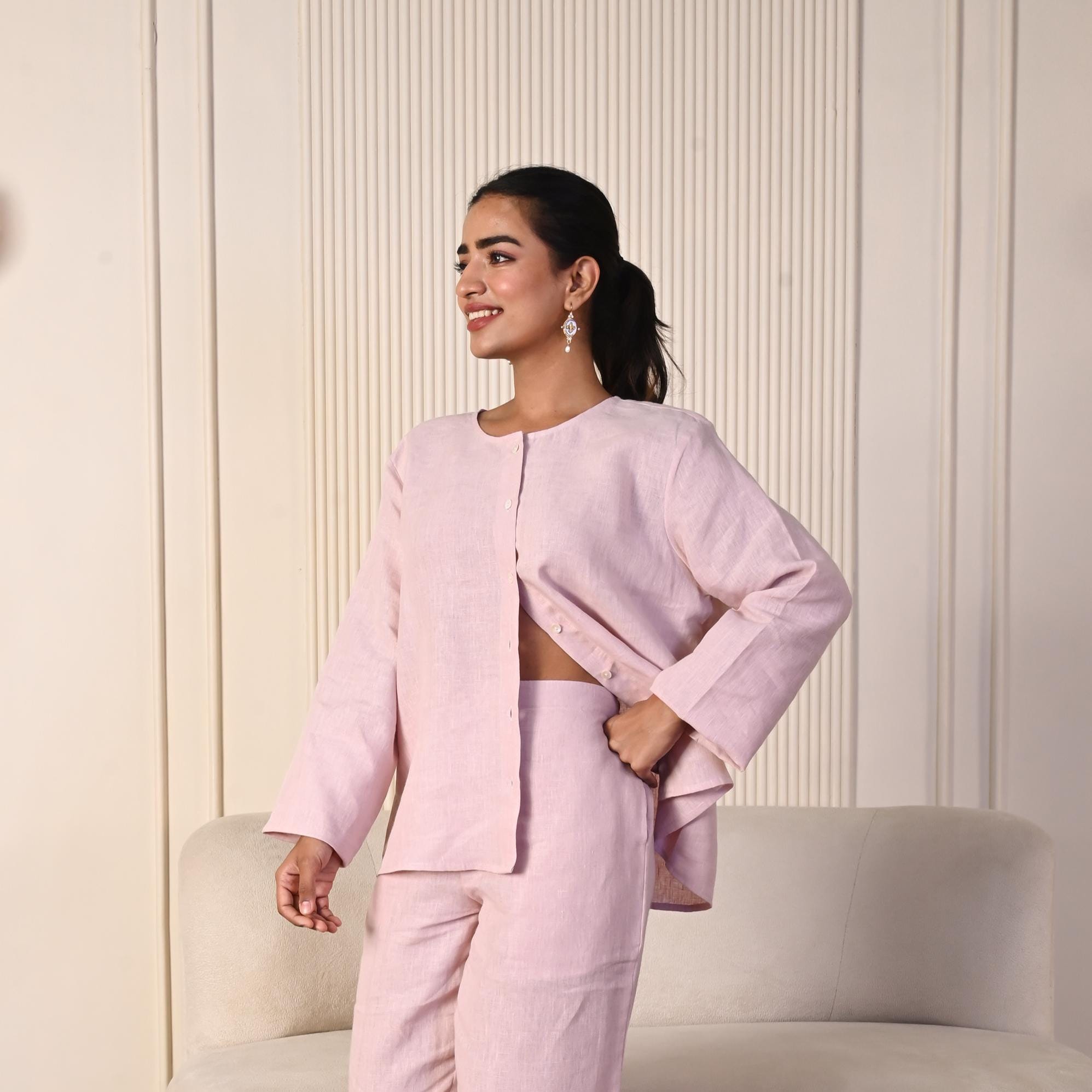 Pink Linen Button-Down Shirt: Oversized Long Sleeve Blouse, Comfortable all day wear