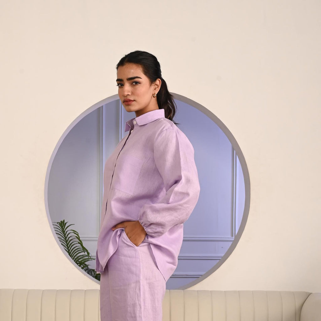 Relaxed Fit Linen Shirt: Long Sleeve Top, Elastic Cuff