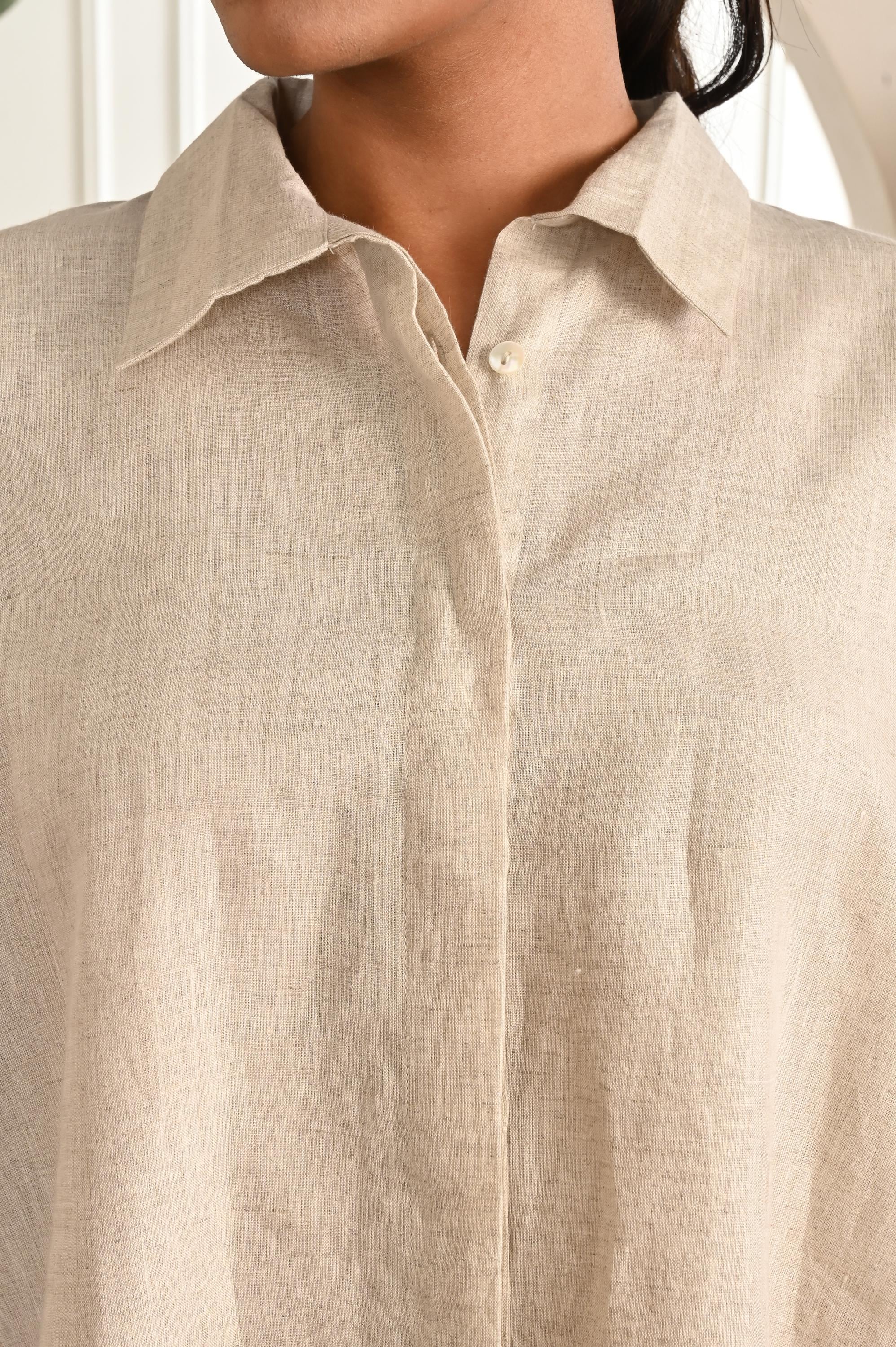 Loose Linen Collared Shirt, Custom 3/4 Sleeves, Women's 100% Linen Long Sleeves Tops Loose Casual Blouses