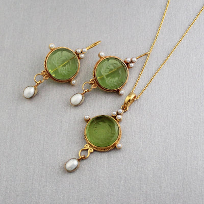 Green Crystal Laurel Wreath Intaglio Earrings, Gold Dangles, photo 8