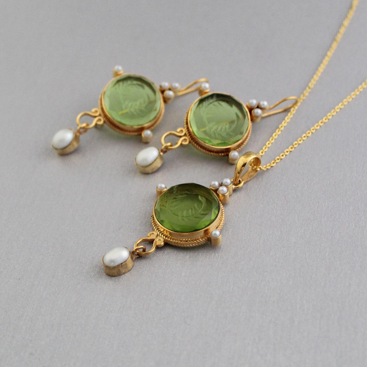 Green Crystal Laurel Wreath Intaglio Earrings, Gold Dangles, photo 9