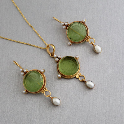 Green Crystal Laurel Wreath Intaglio Earrings, Gold Dangles, photo 4