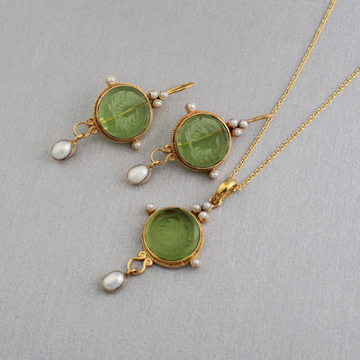 Green Crystal Laurel Wreath Intaglio Earrings, Gold Dangles, photo 10