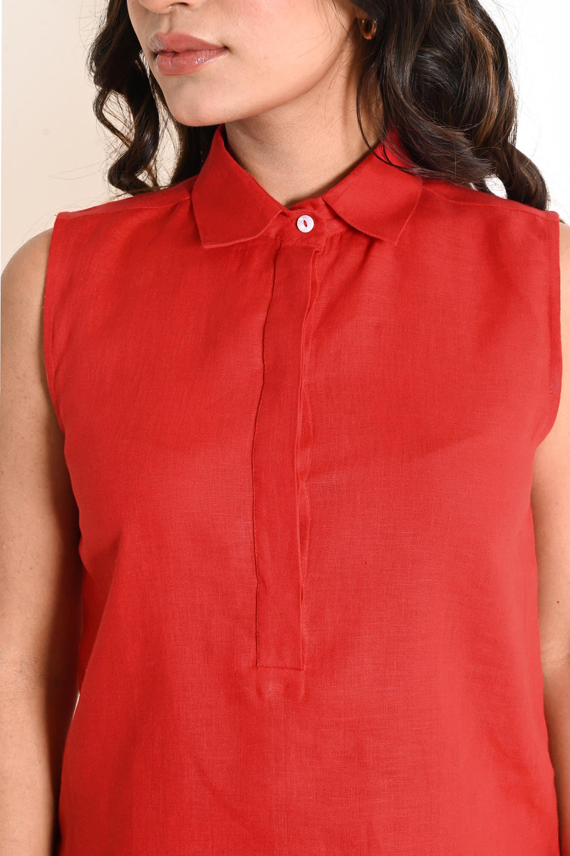 Blood Red Sleeveless Linen Co-ord Set with Collared Top and Straight Pants, Minimalist Summer Two Piece Set, Linen top and pants set