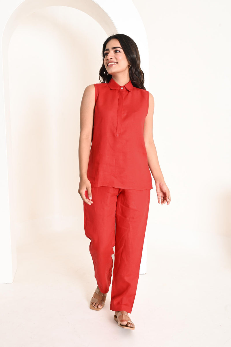 Blood Red Sleeveless Linen Co-ord Set with Collared Top and Straight Pants, Minimalist Summer Two Piece Set, Linen top and pants set