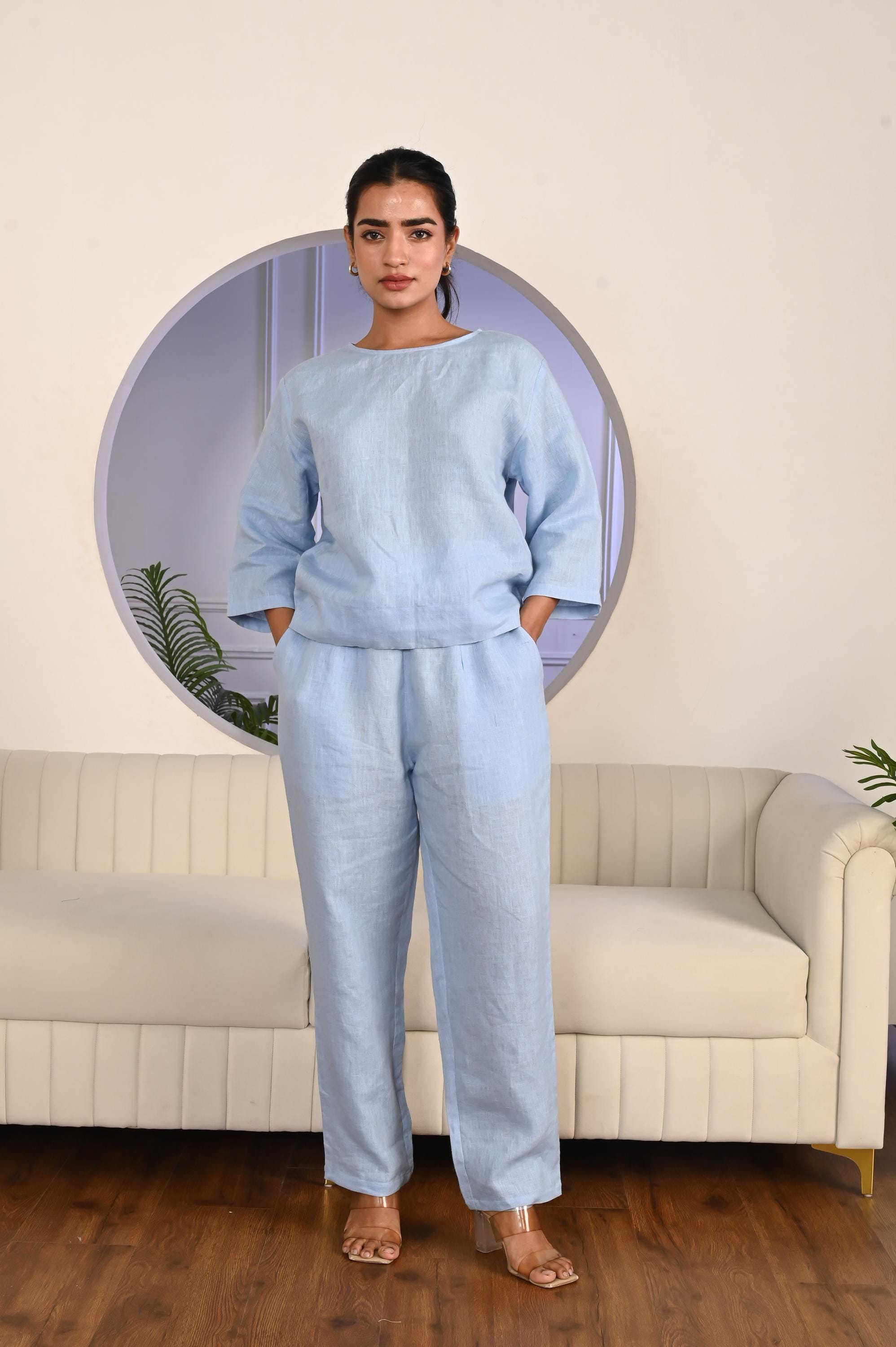 Sky Blue Linen Co-ord Set: Relaxed Fit Top & Pants