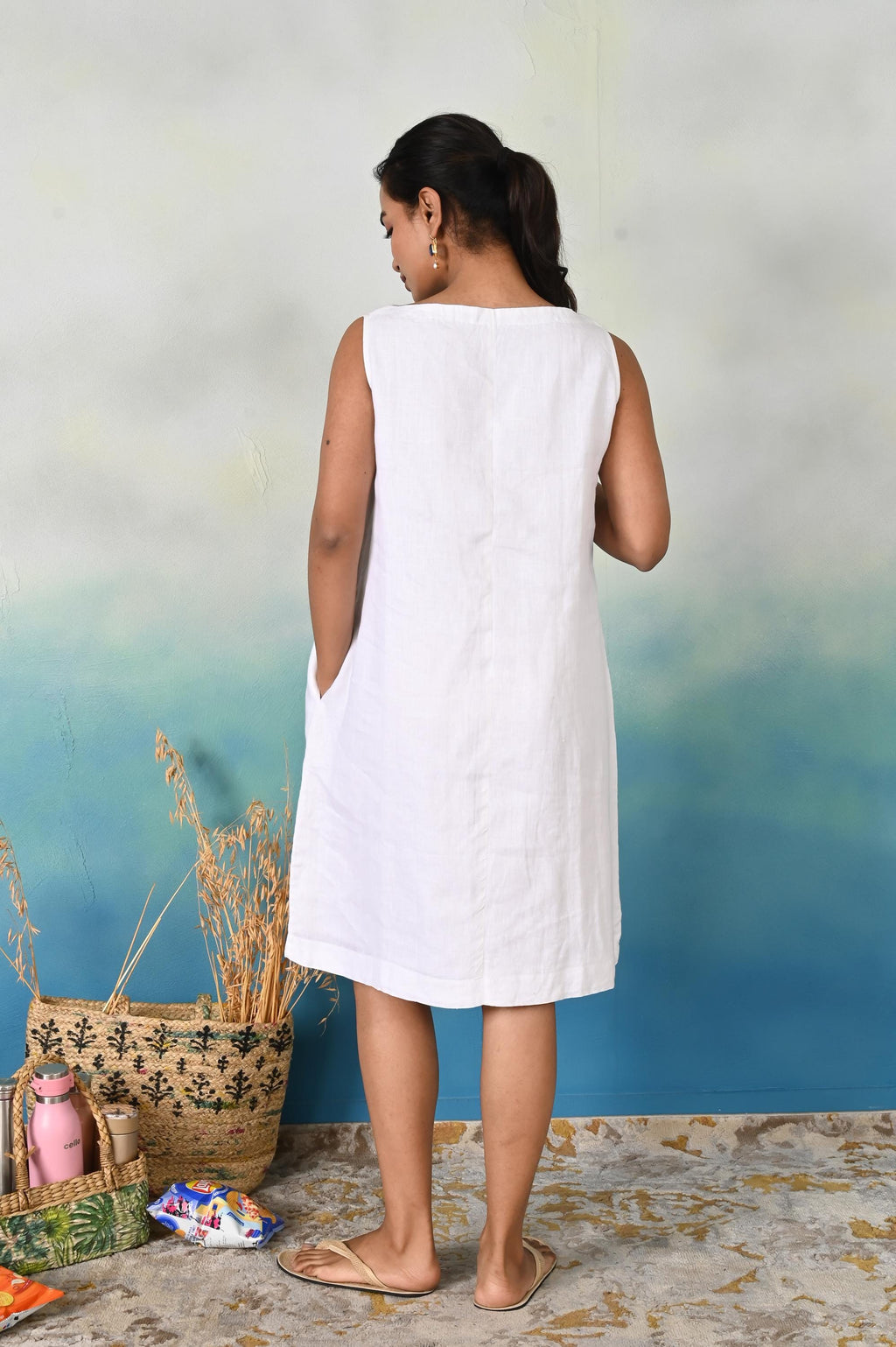 Handmade White Linen Midi Dress: Sleeveless Boat Neck Summer Shift