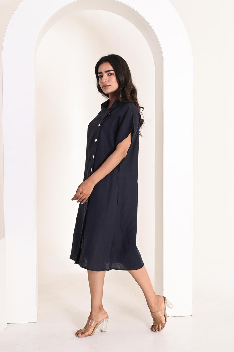 Handmade Linen A-Line Dress: Collared, Drop Shoulder, Side Button