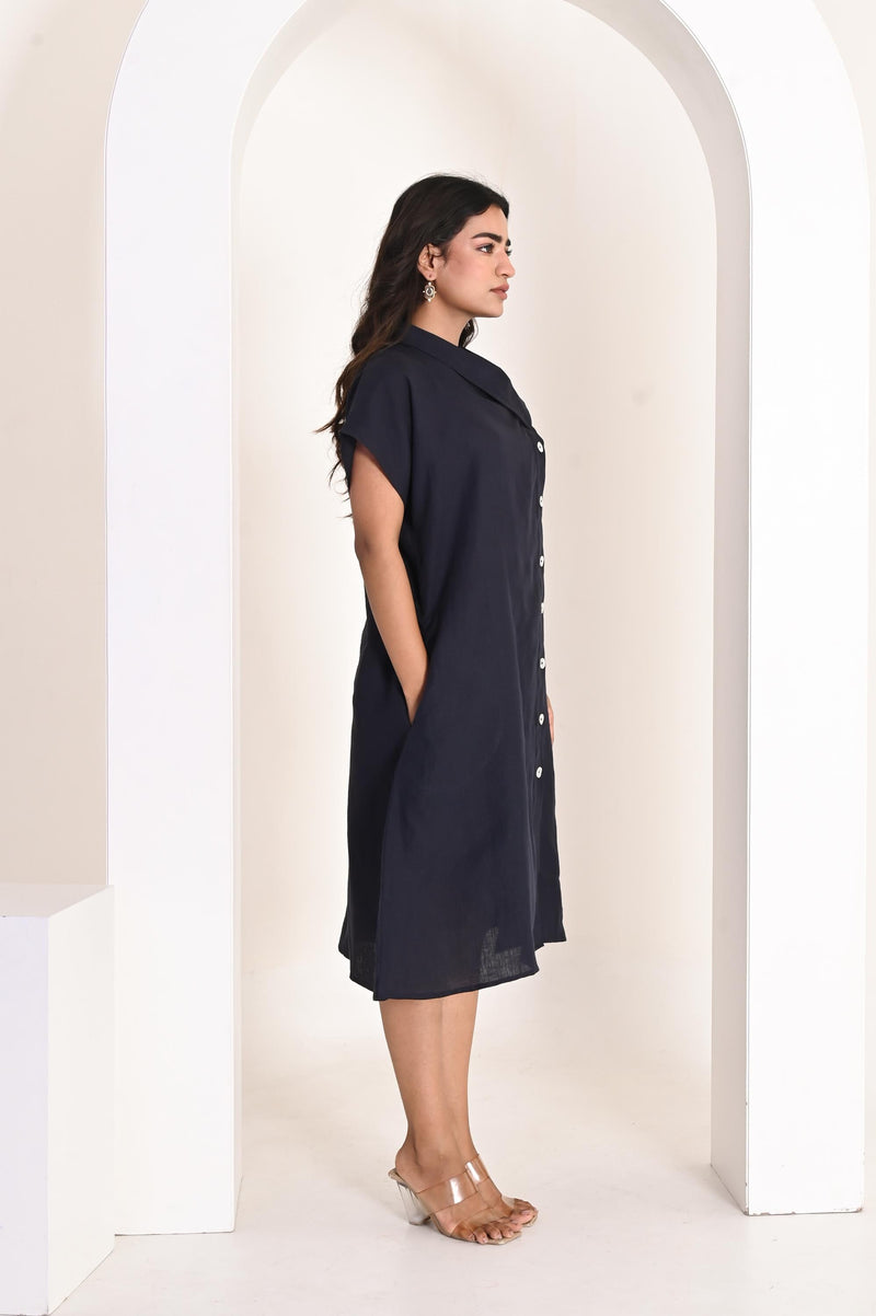 Handmade Linen A-Line Dress: Collared, Drop Shoulder, Side Button
