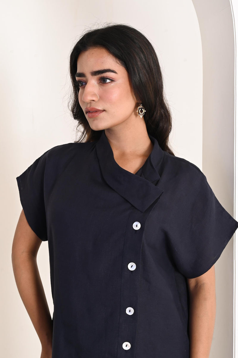 Handmade Linen A-Line Dress: Collared, Drop Shoulder, Side Button