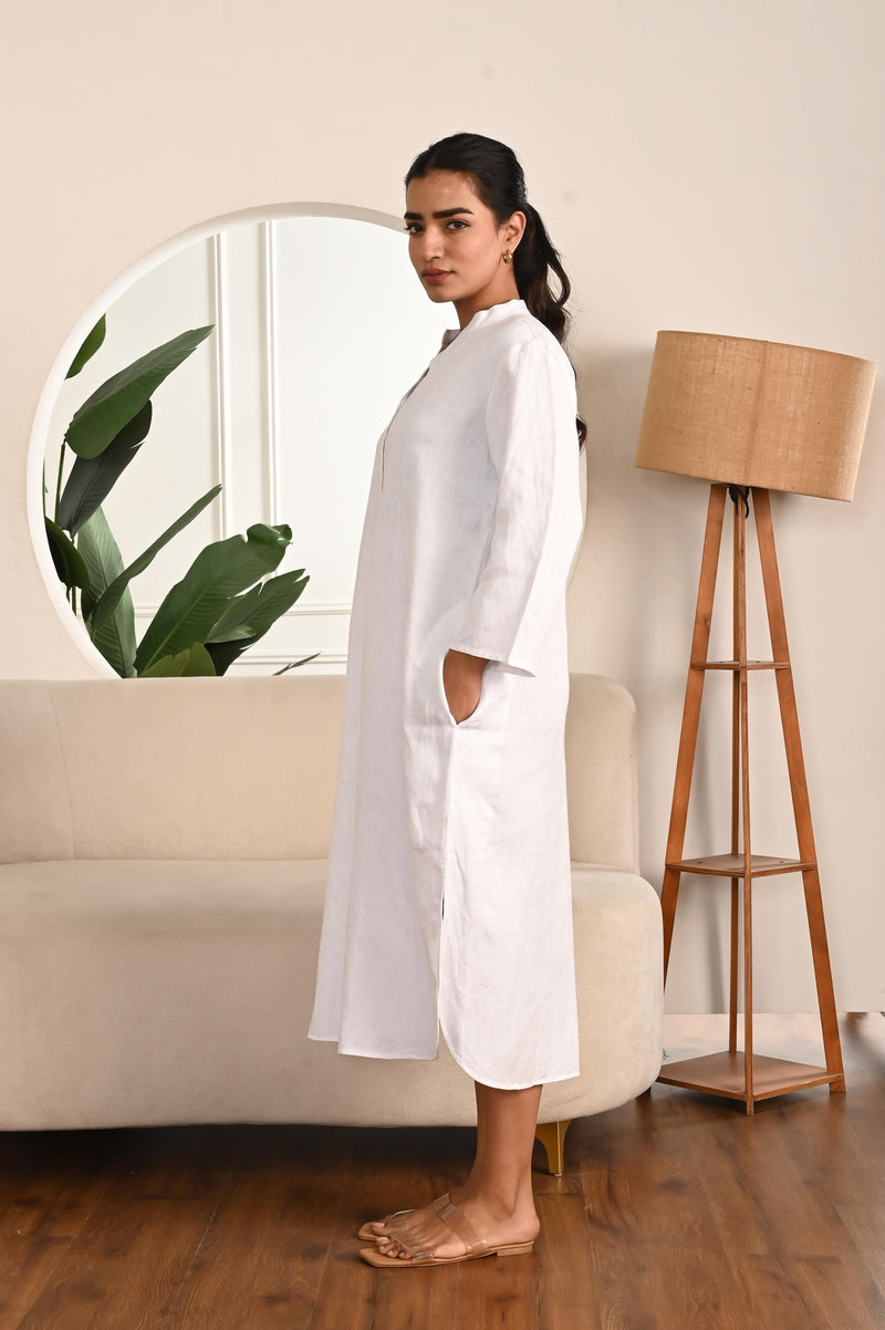 White Linen Midi Dress, Mandarin Collar, photo 2
