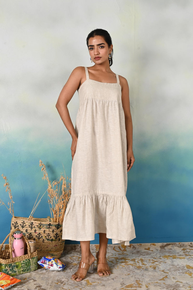 Linen Sleeveless Tiered Midi Dress, Dress with Square Neckline And Pockets, Maxi linen dress, Sleeveless linen dress, Gift for Mom