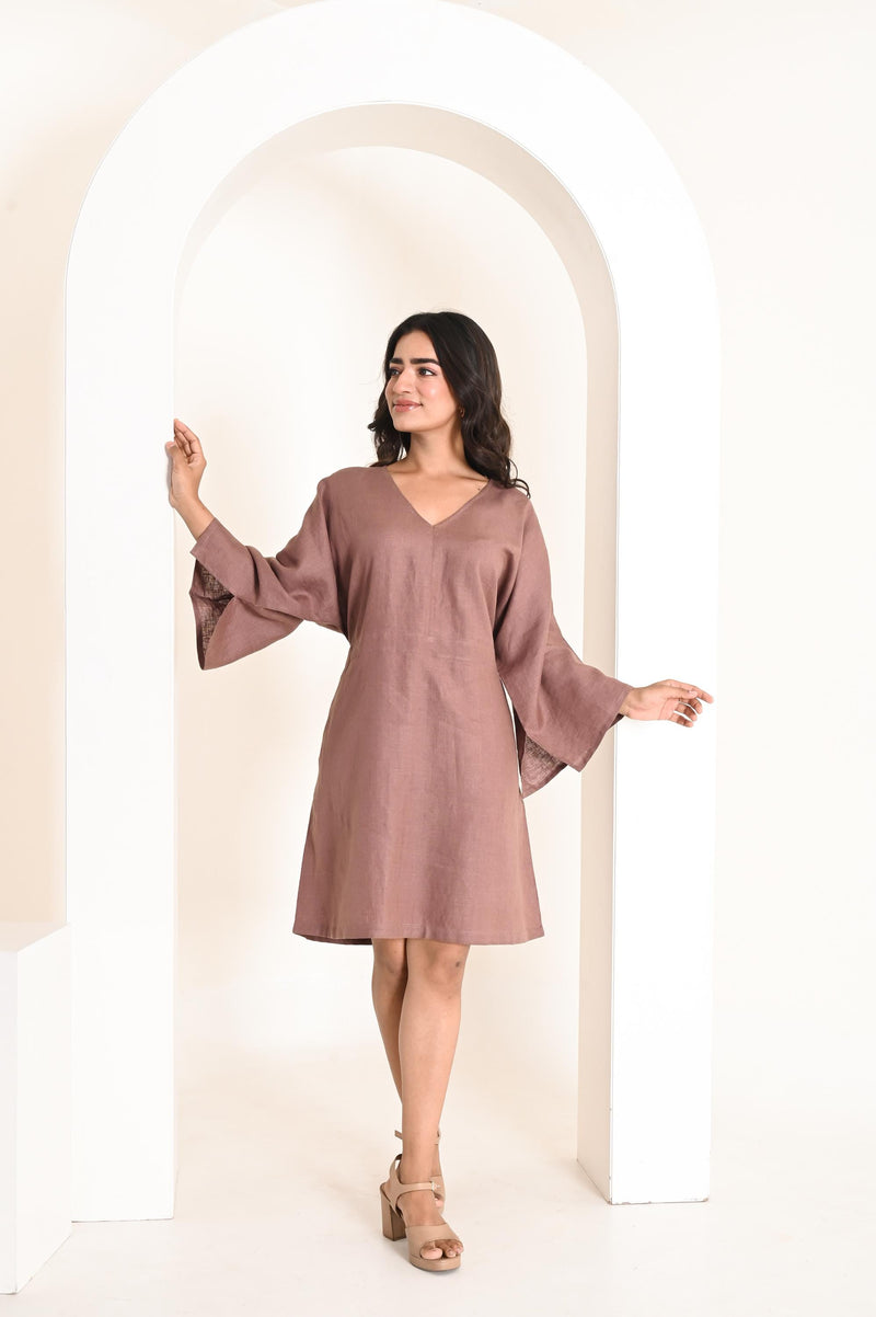 Straight Linen Dress with Waist Tie: Flared Sleeves V-Neck Minimalist Natural Fabric