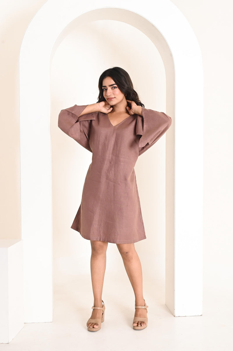 Straight Linen Dress with Waist Tie: Flared Sleeves V-Neck Minimalist Natural Fabric