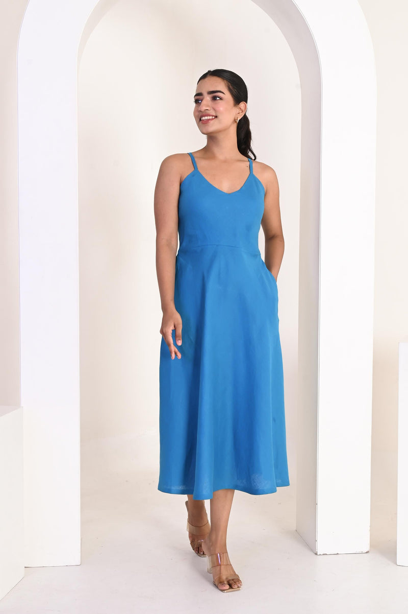 Handmade Blue Linen Midi Dress: Sleeveless Fit & Flare Sundress