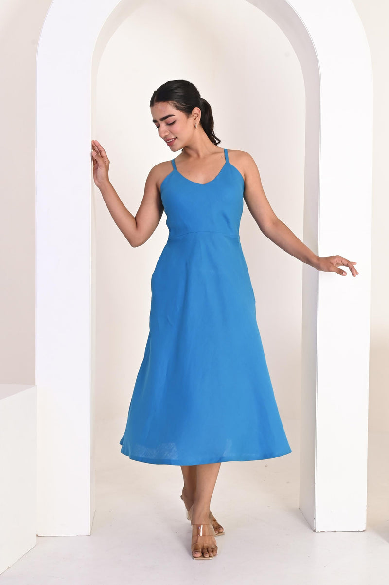 Handmade Blue Linen Midi Dress: Sleeveless Fit & Flare Sundress