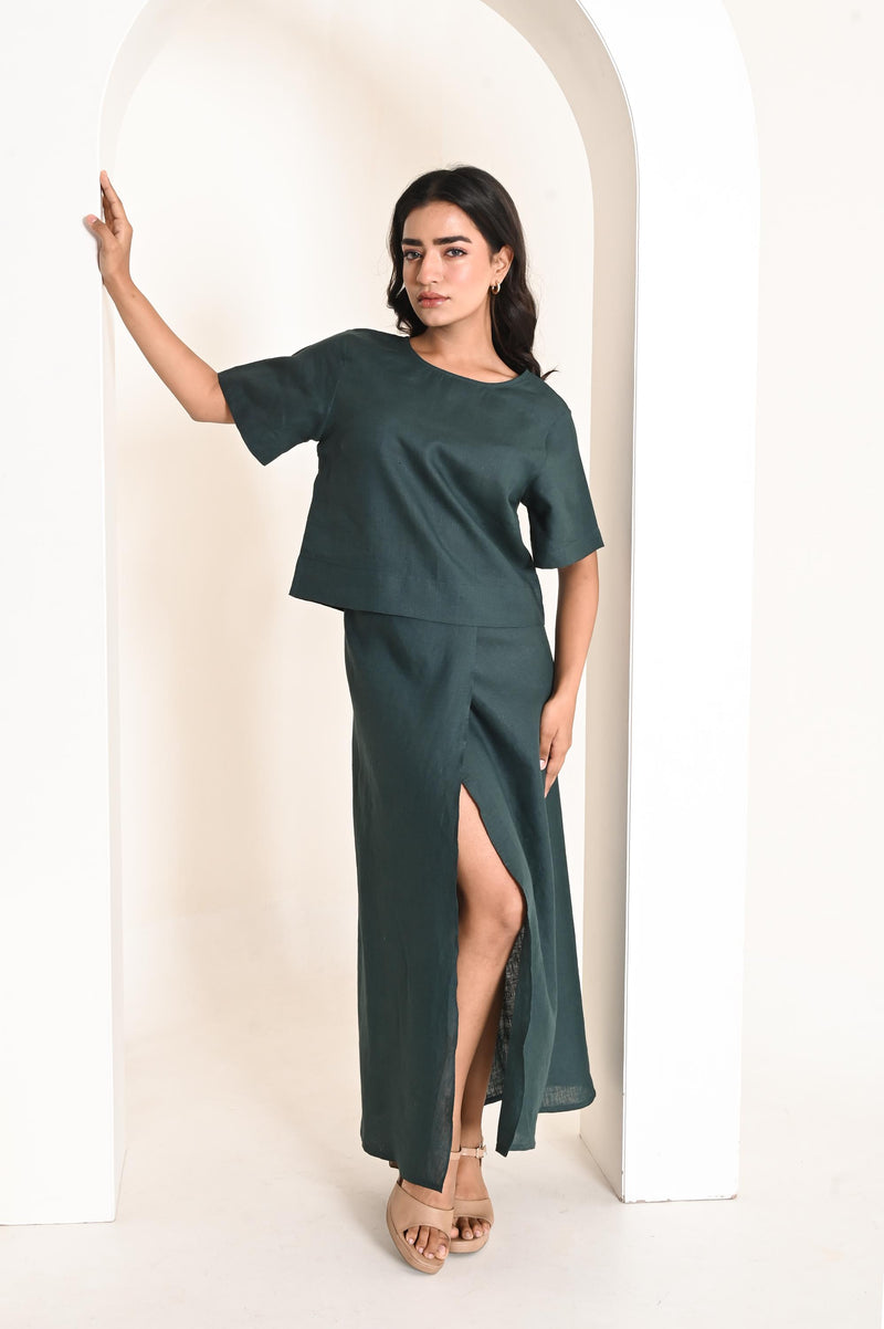 Two Piece Linen Set Women, Short Sleeve Top and Long Skirt with Slit, Handmade Linen Outfit, Summer Co-Ord Set, Linen Beach Outfit