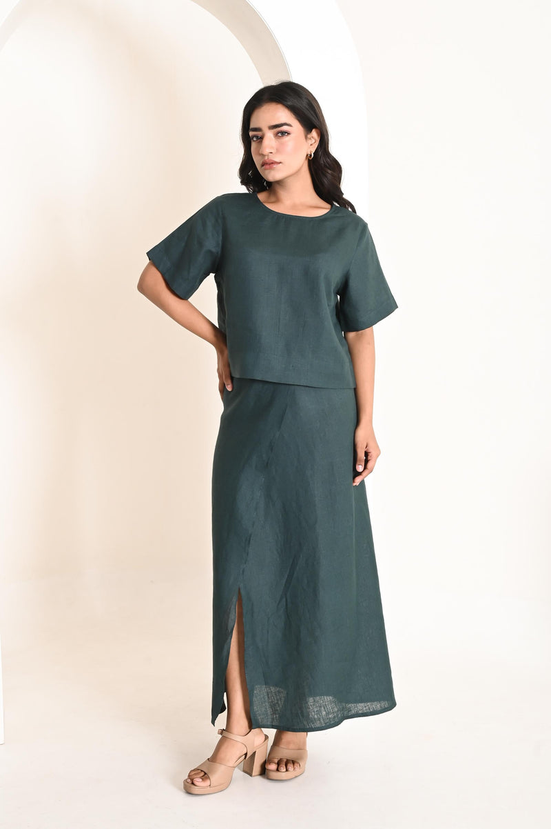 Two Piece Linen Set Women, Short Sleeve Top and Long Skirt with Slit, Handmade Linen Outfit, Summer Co-Ord Set, Linen Beach Outfit