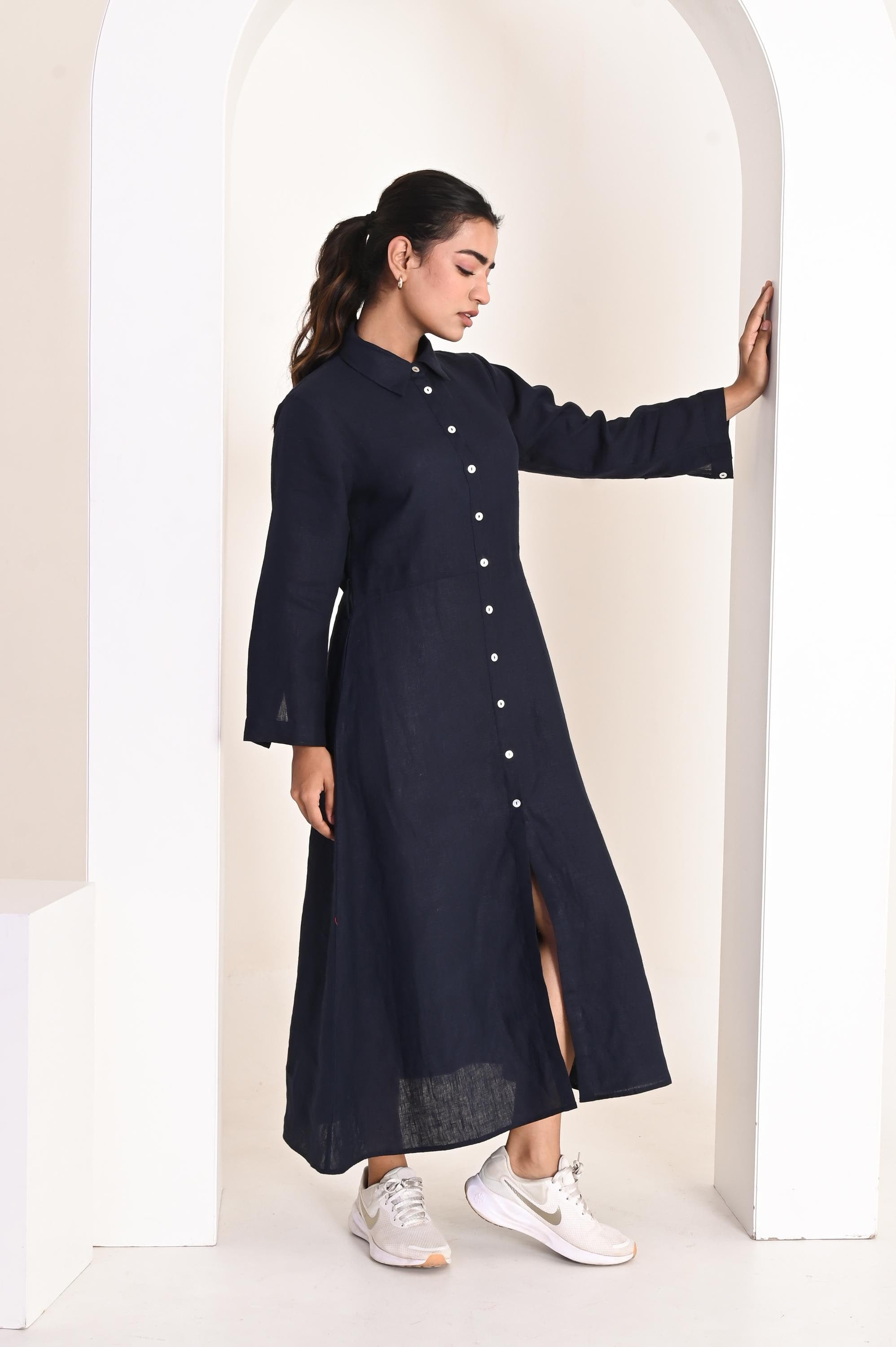 Linen Maxi Dress, Long Sleeve Button-Down Dress with Belt, plus size maxi dress, loose fit kaftan