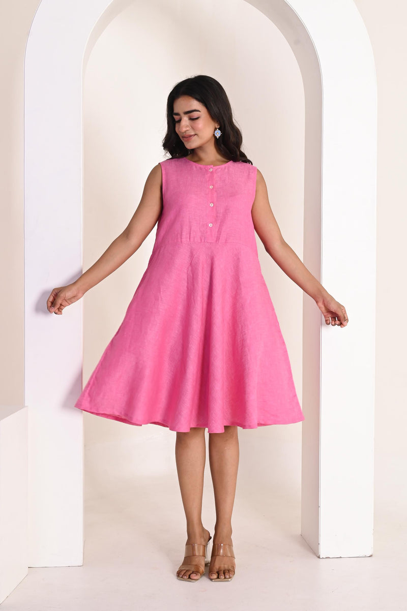 Pink Sleeveless Linen A-Line Dress
