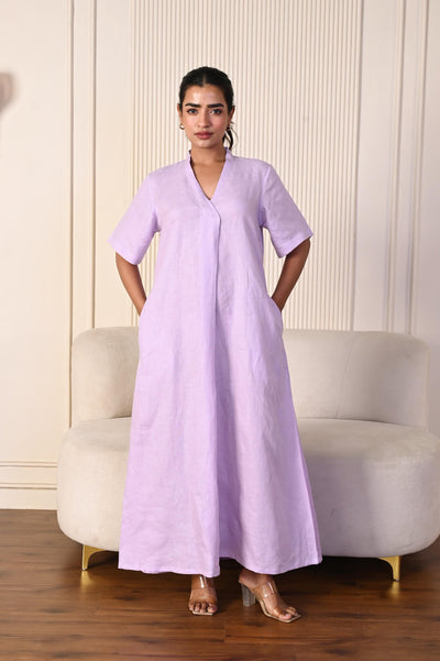 Handmade Linen Maxi Dress: Relaxed A-Line V-Neck with Pockets