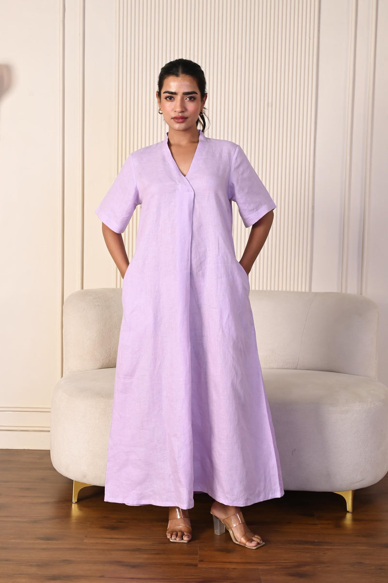 Handmade Linen Maxi Dress: Relaxed A-Line V-Neck with Pockets