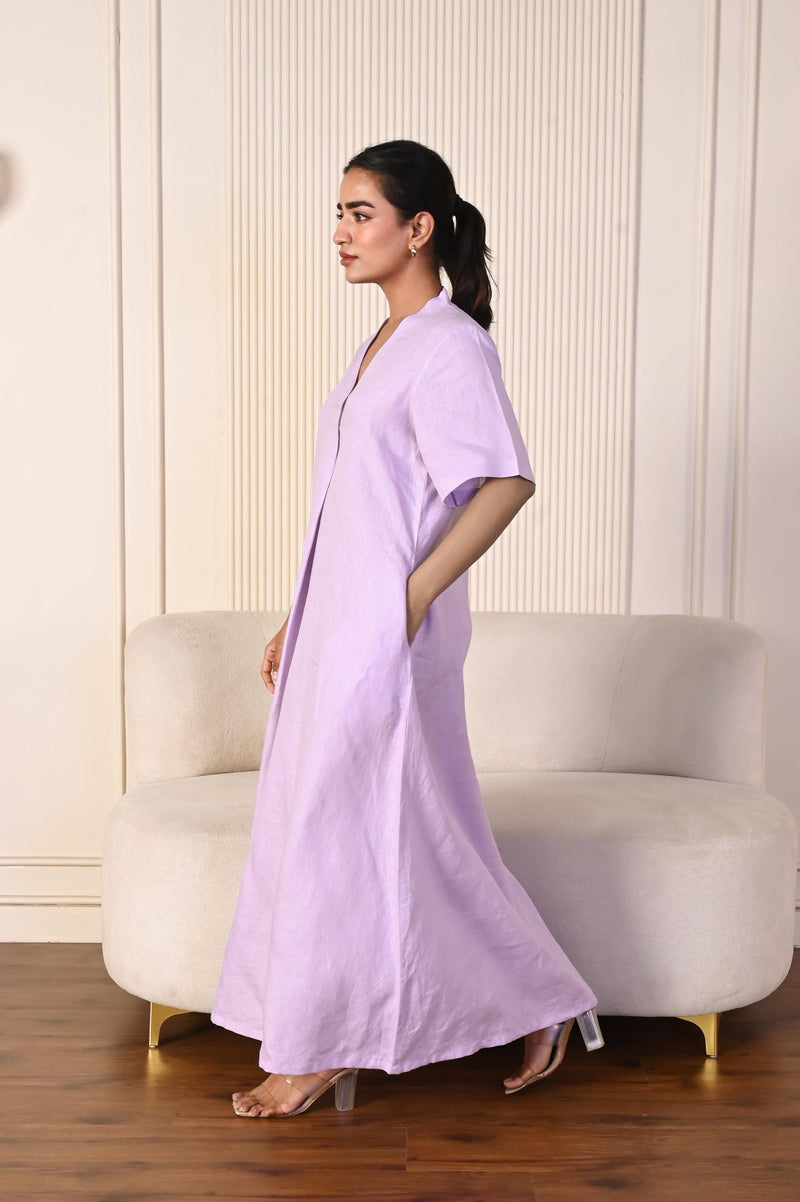 Handmade Linen Maxi Dress: Relaxed A-Line V-Neck with Pockets