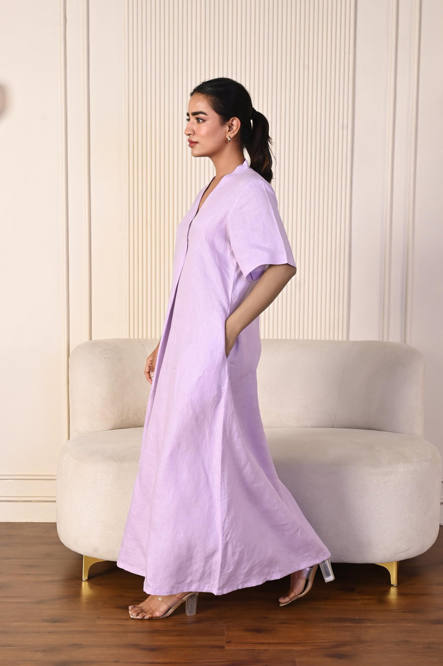 Handmade Linen Maxi Dress: Relaxed A-Line V-Neck with Pockets