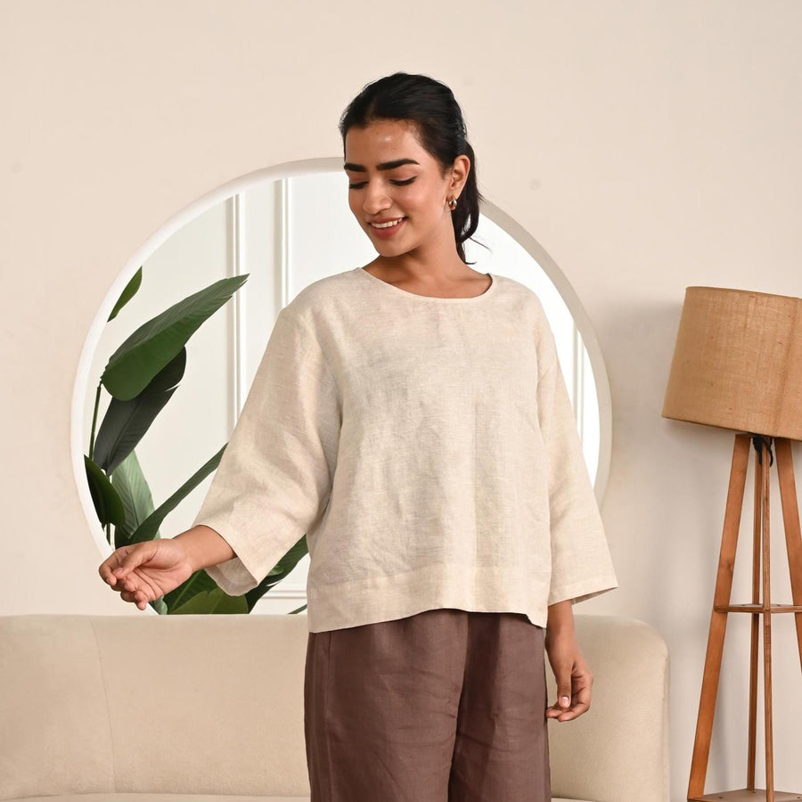 Linen Loose Fit Top with Drop Shoulder, Linen 3/4 Sleeves Top Women's Relaxed Fit Oversize Top, Summer Blouse, Handmade Top