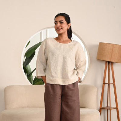Linen Loose Fit Top with Drop Shoulder, Linen 3/4 Sleeves Top Women's Relaxed Fit Oversize Top, Summer Blouse, Handmade Top