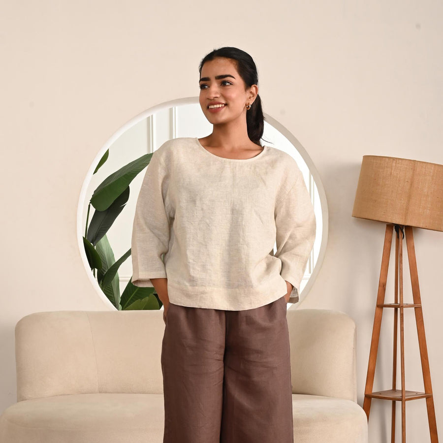 Linen Loose Fit Top with Drop Shoulder, Linen 3/4 Sleeves Top Women's Relaxed Fit Oversize Top, Summer Blouse, Handmade Top